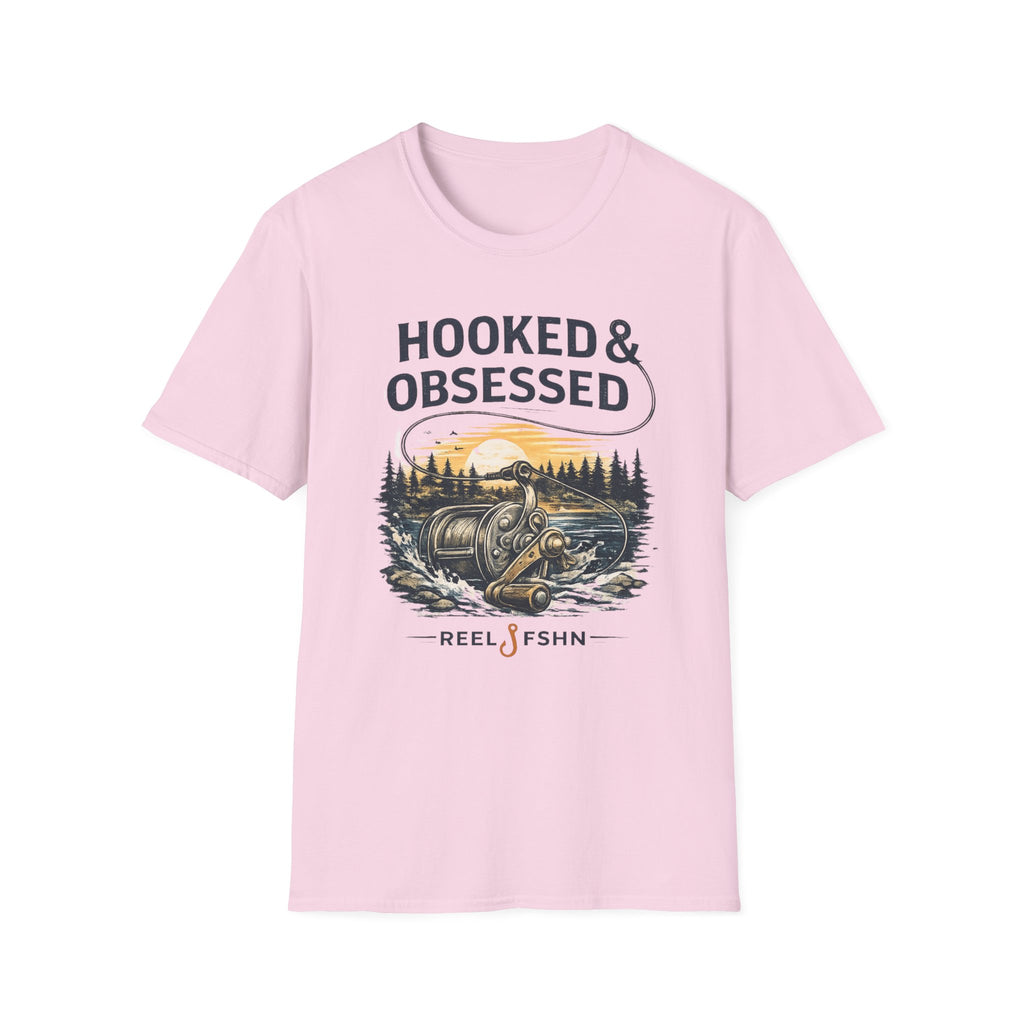 Pink unisex Comfort Colors tee with "HOOKED & OBSESSED" and a fishing reel graphic.