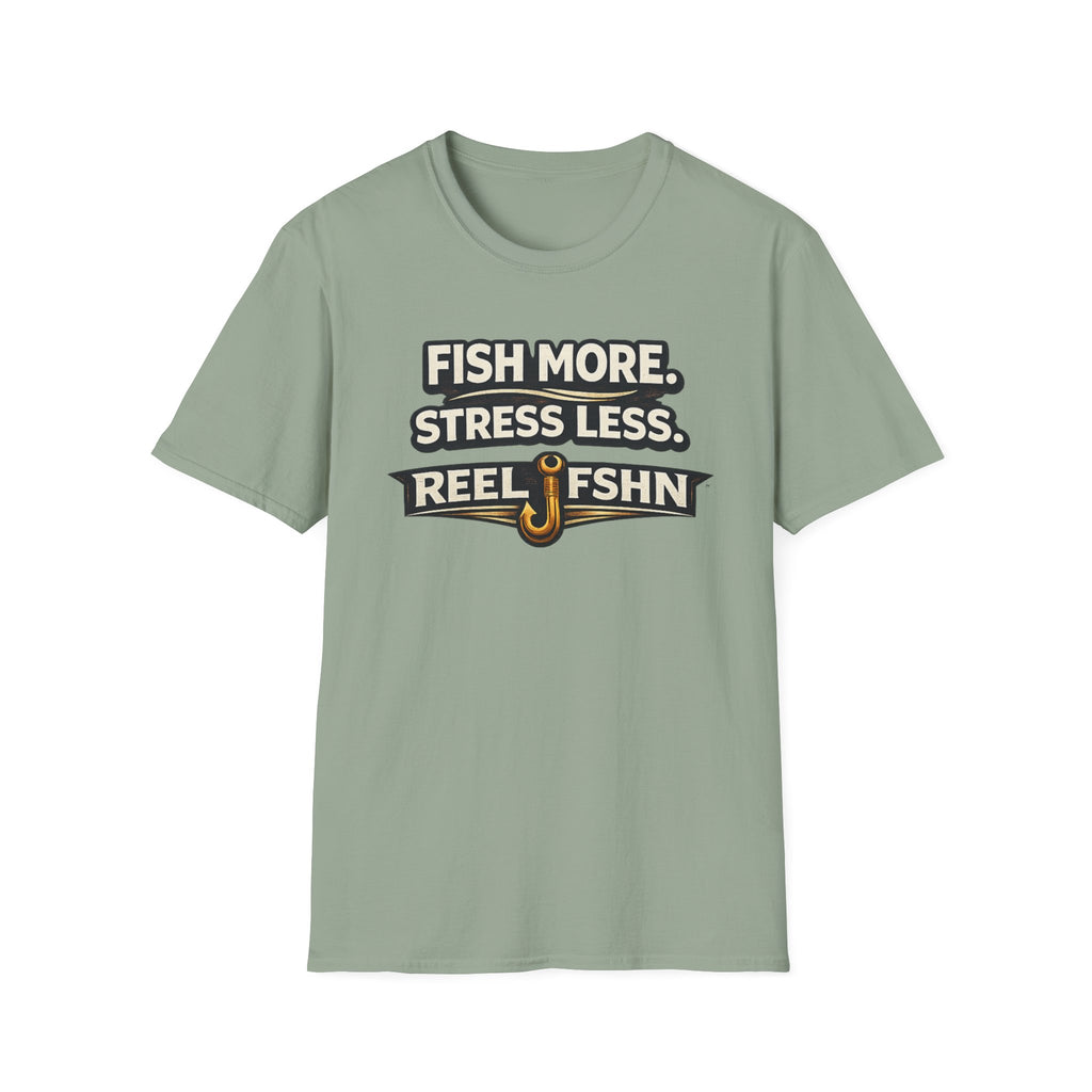 Unisex Comfort Colors sage green t-shirt with "FISH MORE. STRESS LESS. REEL FSHN" text and a fishing hook graphic.