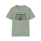 Unisex Comfort Colors sage green t-shirt with "FISH MORE. STRESS LESS. REEL FSHN" text and a fishing hook graphic.