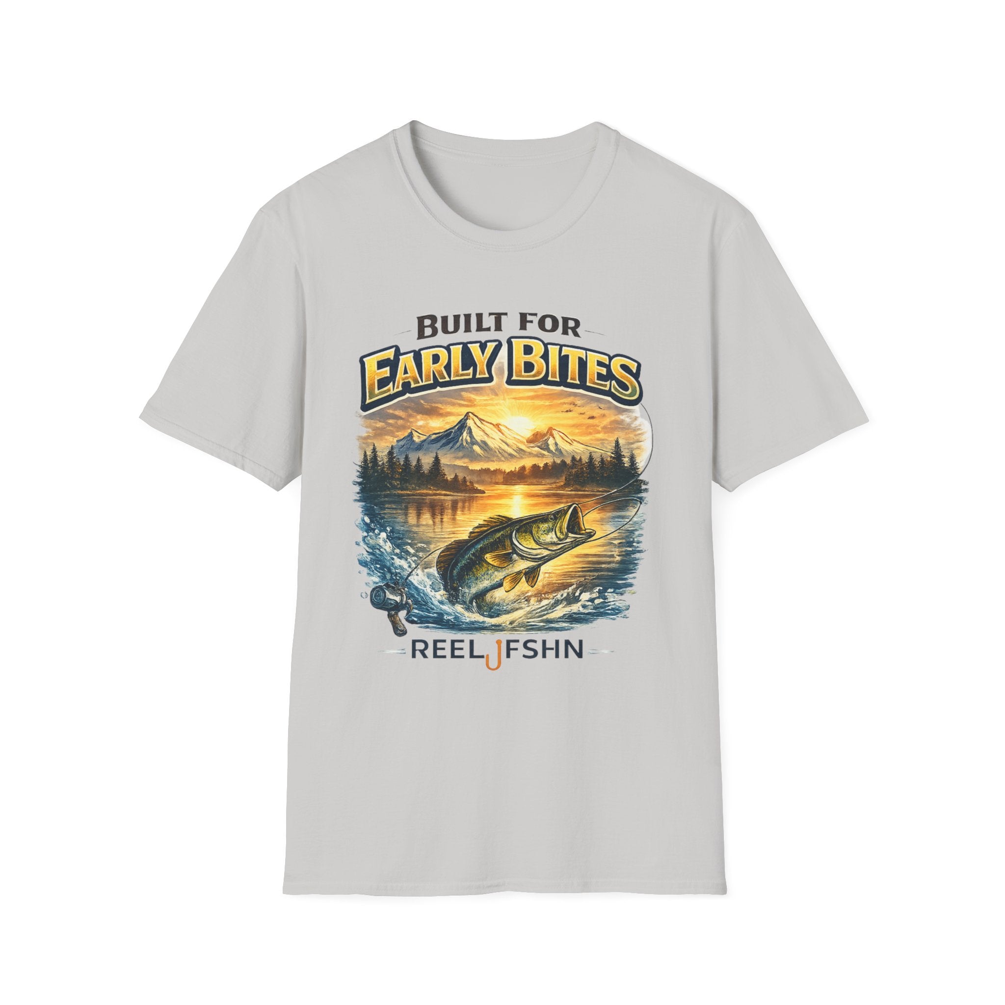 Light gray Comfort Colors unisex tee with "Built for Early Bites" graphic featuring a bass jumping from water at sunrise.