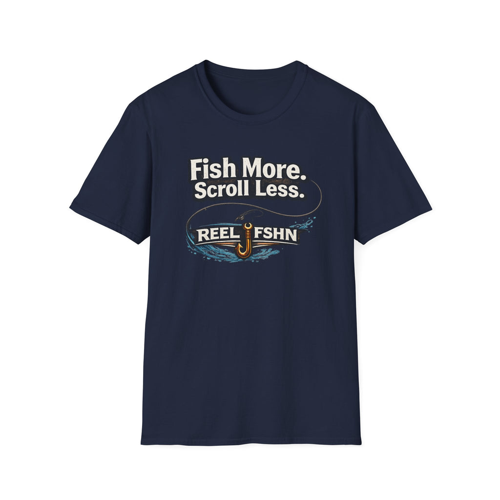 Navy blue Comfort Colors cotton t-shirt with "Fish More. Scroll Less." text and a fishing hook design.