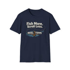 Navy blue Comfort Colors cotton t-shirt with "Fish More. Scroll Less." text and a fishing hook design.