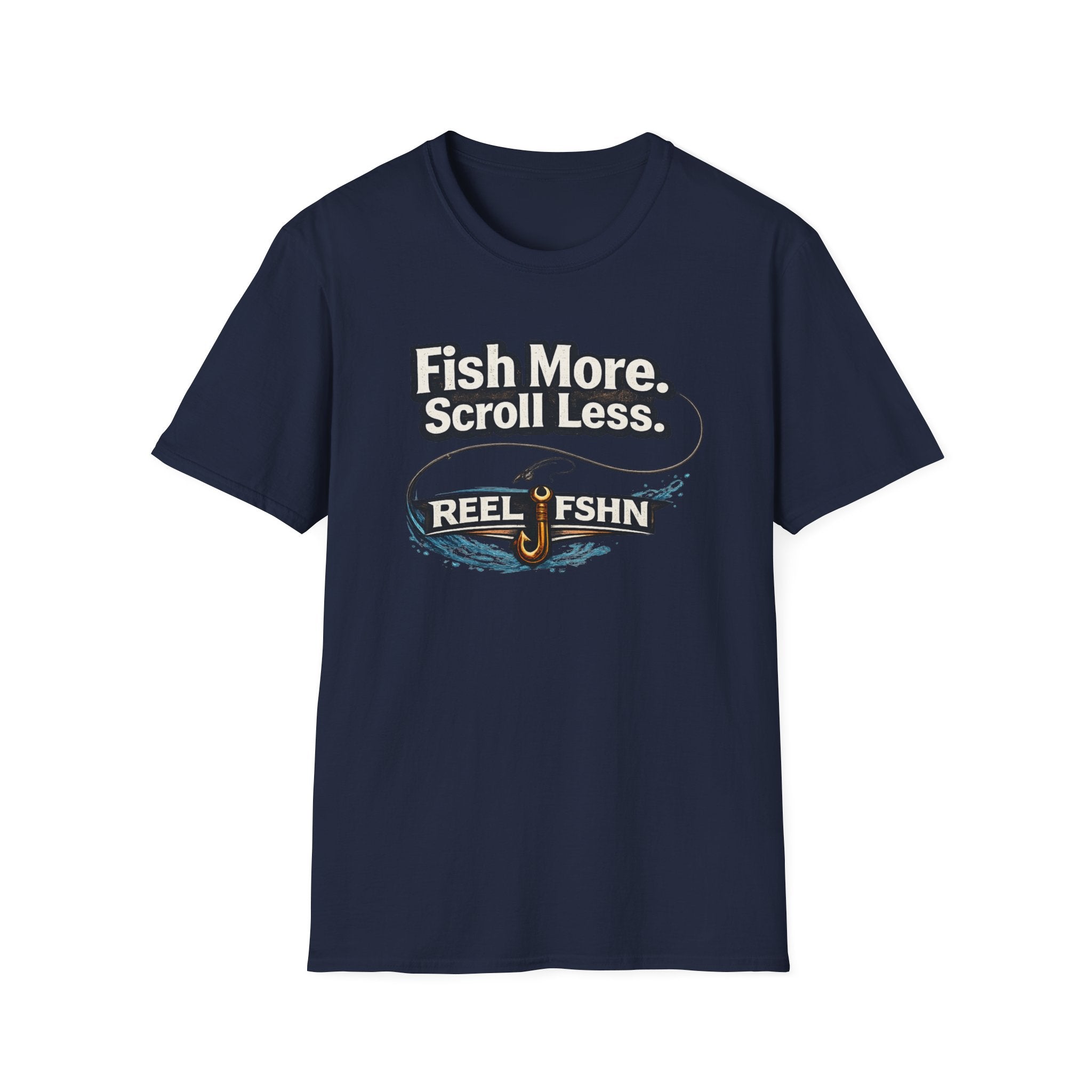 Navy blue Comfort Colors cotton t-shirt with "Fish More. Scroll Less." text and a fishing hook design.