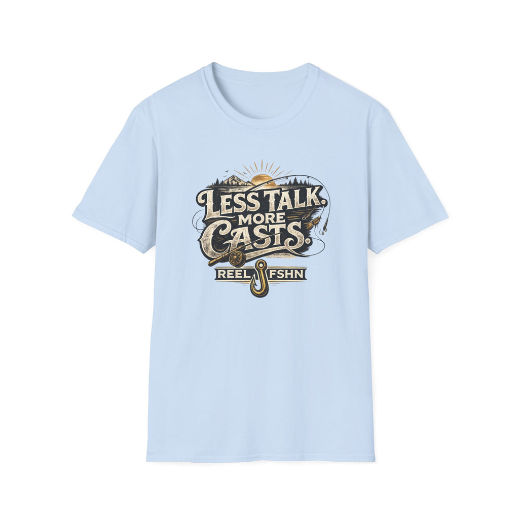 Light blue Comfort Colors "Less Talk More Casts" fishing t-shirt with a vintage graphic design.