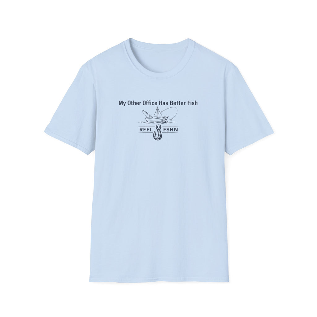 Light blue Comfort Colors cotton t-shirt with "My Other Office Has Better Fish" text and fishing boat graphic.
