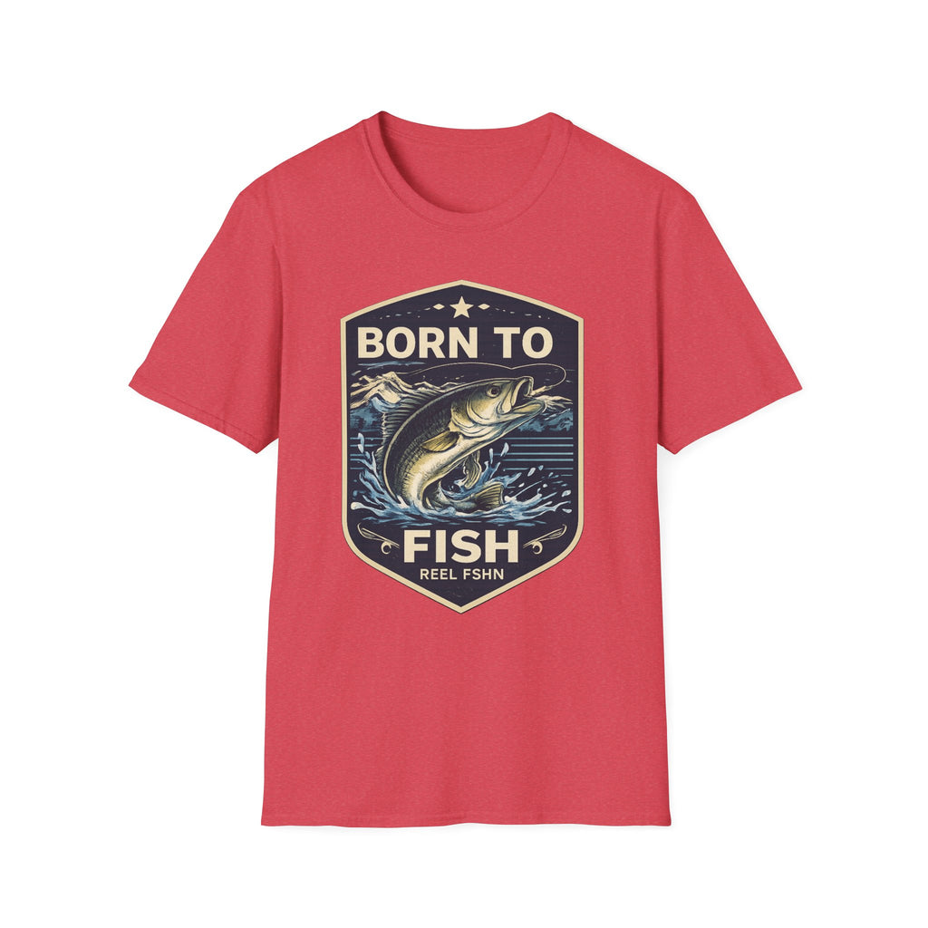Red Comfort Colors unisex t-shirt with "Born to Fish" bass graphic.