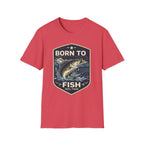Red Comfort Colors unisex t-shirt with "Born to Fish" bass graphic.