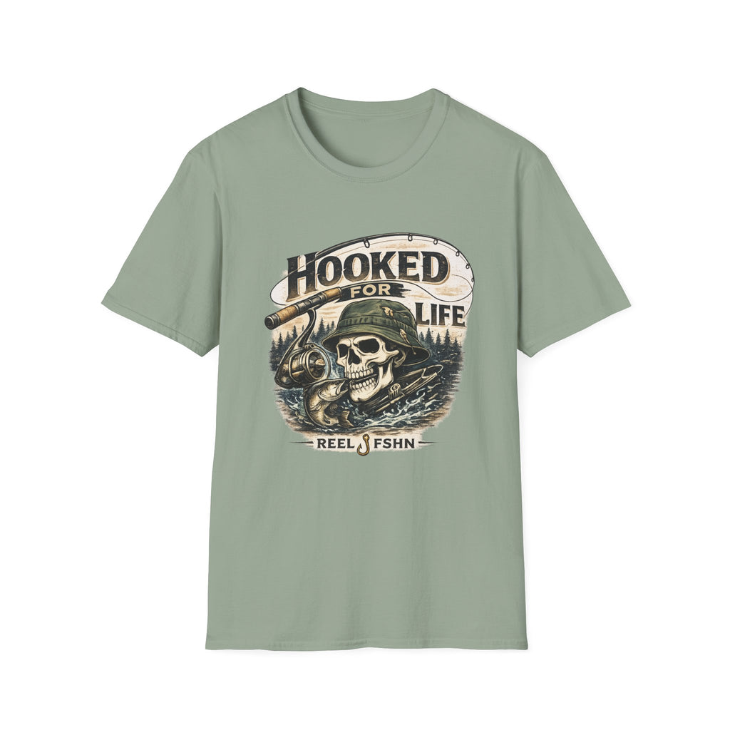 Sage green Comfort Colors t-shirt with a "Hooked For Life" fishing skull graphic.