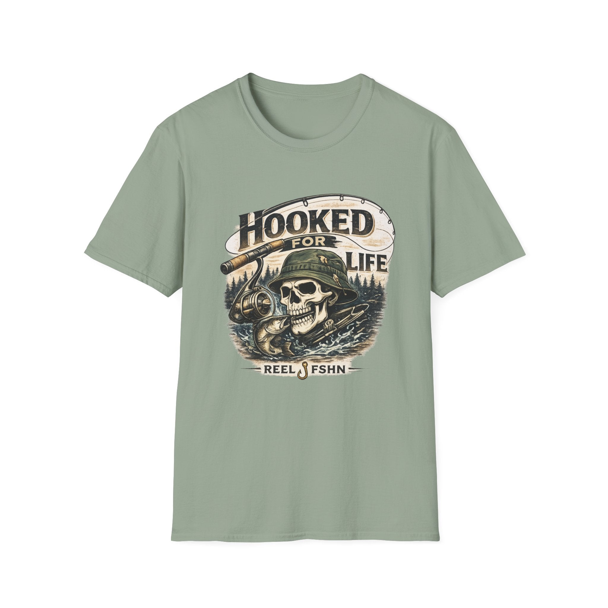 Sage green Comfort Colors t-shirt with a "Hooked For Life" fishing skull graphic.