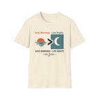 Comfort Colors "Early Mornings > Late Nights" t-shirt in natural, featuring a sunrise and moon graphic.