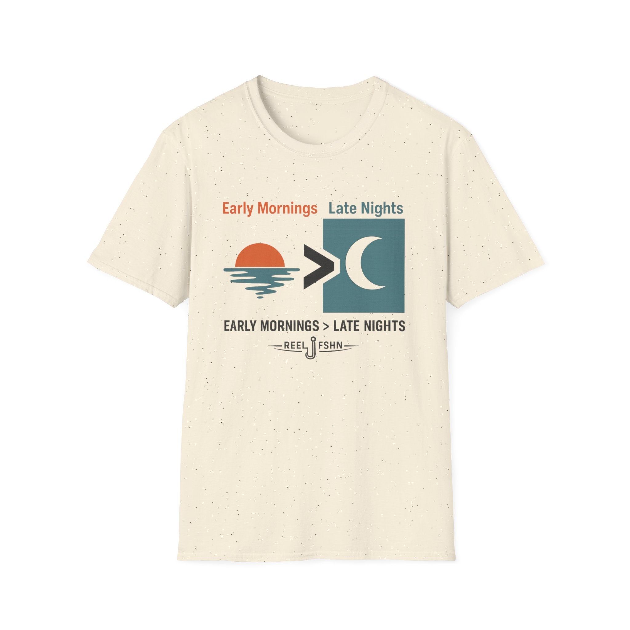 Comfort Colors "Early Mornings > Late Nights" t-shirt in natural, featuring a sunrise and moon graphic.