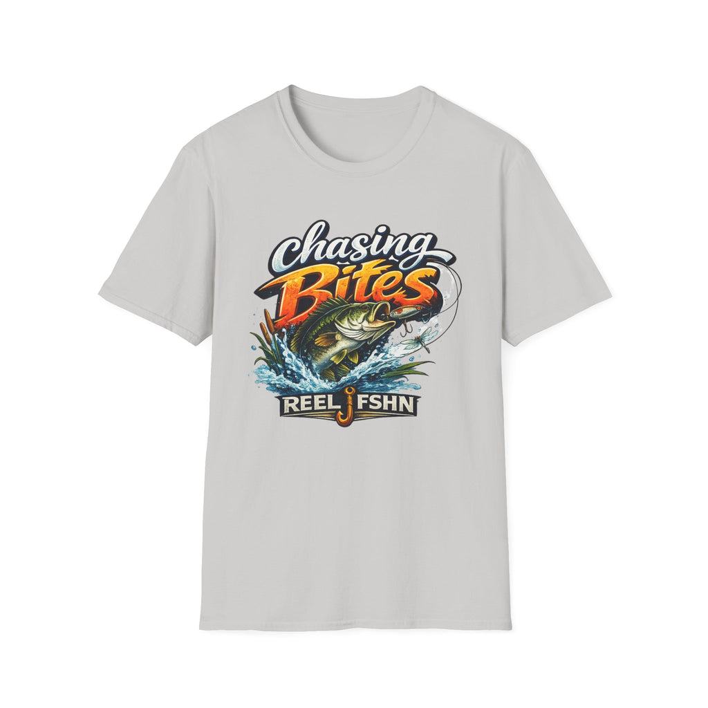 Light gray Comfort Colors unisex t-shirt with "Chasing Bites" graphic featuring a bass jumping from water.