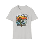 Light gray Comfort Colors unisex t-shirt with "Chasing Bites" graphic featuring a bass jumping from water.