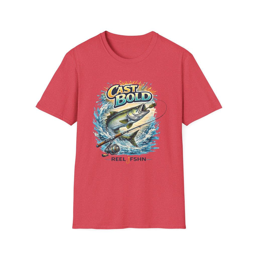 Red "Cast Bold" Comfort Colors t-shirt with a jumping fish, fishing rod, and "REEL FSHN" graphic.