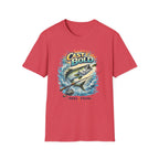 Red "Cast Bold" Comfort Colors t-shirt with a jumping fish, fishing rod, and "REEL FSHN" graphic.