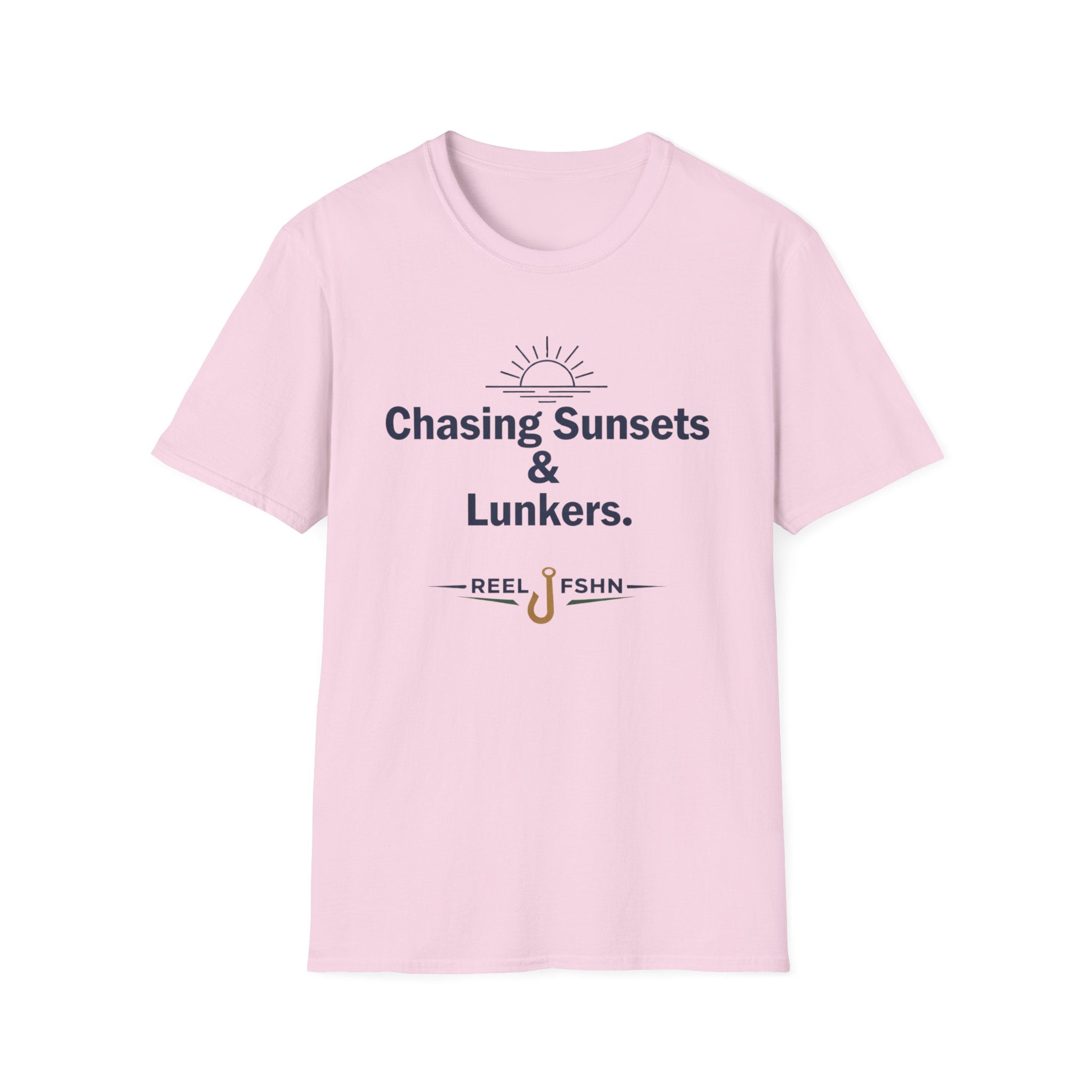 Pink Comfort Colors unisex tee with "Chasing Sunsets & Lunkers" and "REEL FSHN" fishing hook graphic.