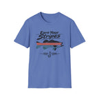 Comfort Colors blue t-shirt with "Earn Your Stripes" text, bass graphic, and fishing hook.