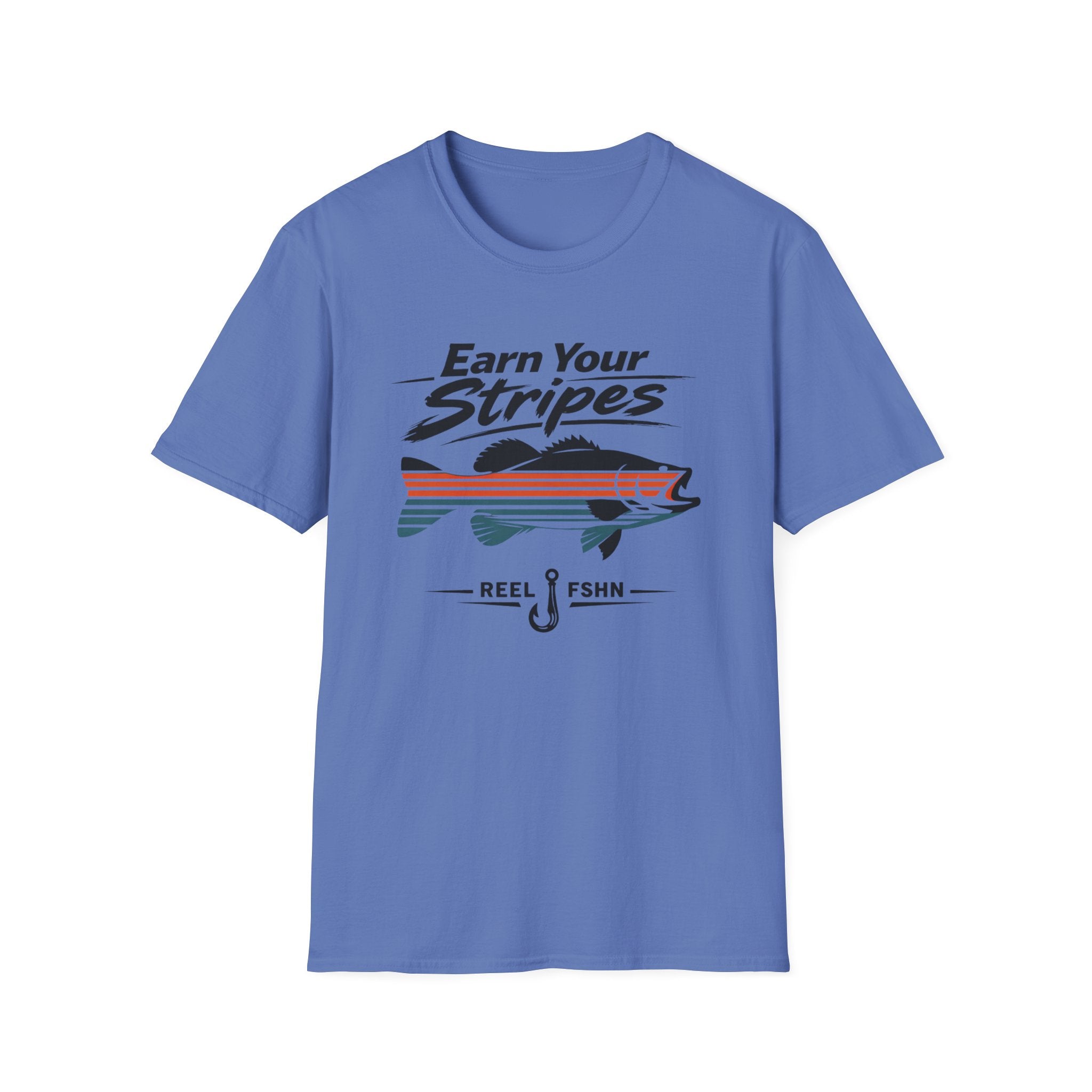 Comfort Colors blue t-shirt with "Earn Your Stripes" text, bass graphic, and fishing hook.