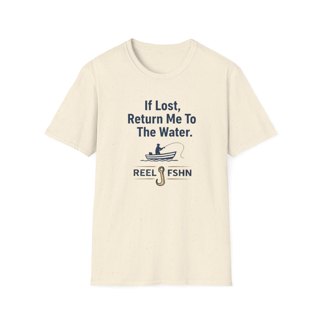 Comfort Colors unisex t-shirt in natural with "If Lost, Return Me To The Water" text and fishing graphic.