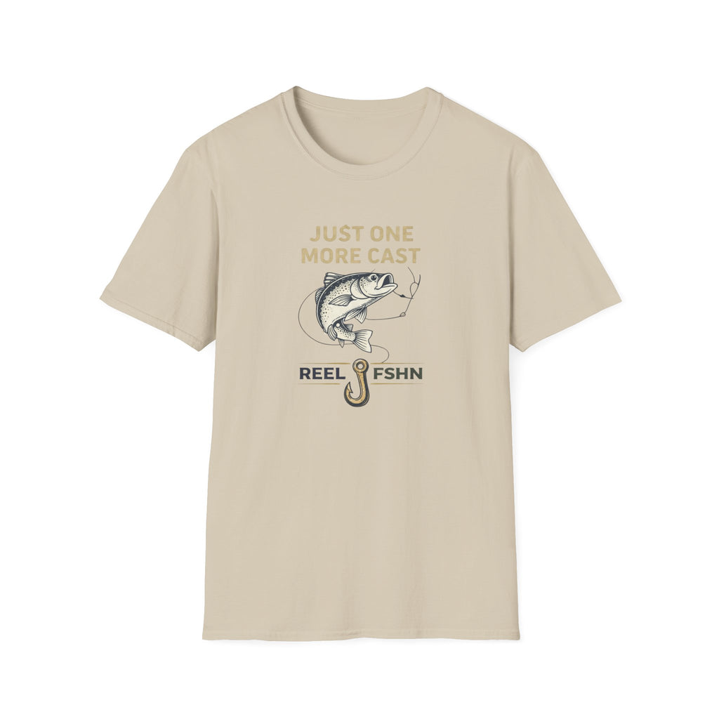 Comfort Colors unisex "Just One More Cast" t-shirt in sand, featuring a fish on a hook design.