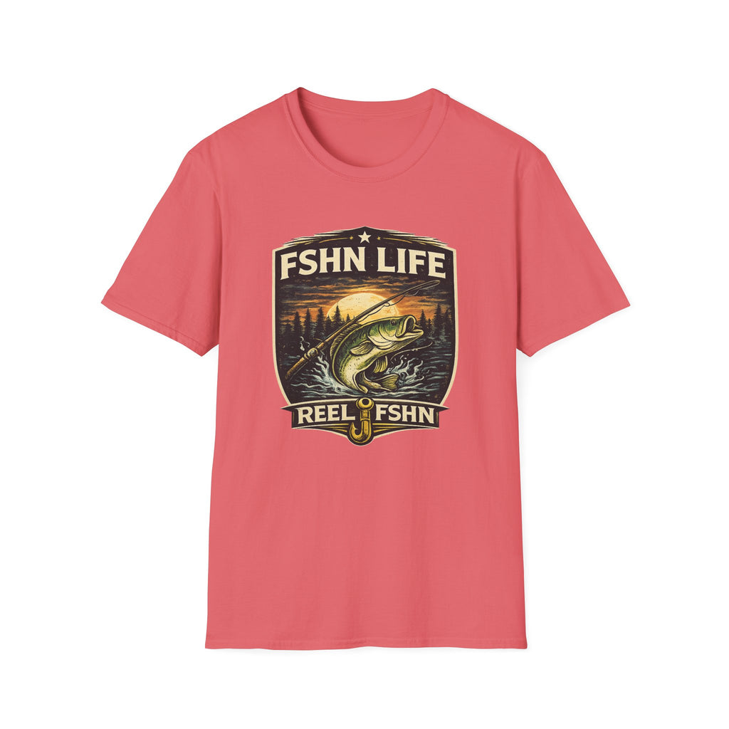 Comfort Colors coral FSHN Life T-shirt with a vintage fishing graphic of a bass jumping at sunset.