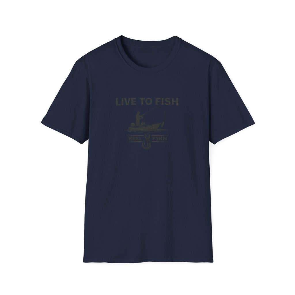 Navy blue Comfort Colors t-shirt with "LIVE TO FISH" text and a fishing boat graphic.