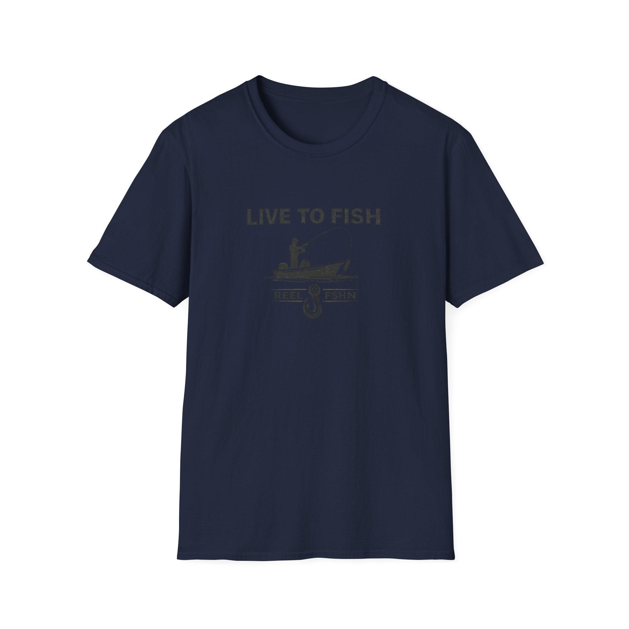 Navy blue Comfort Colors t-shirt with "LIVE TO FISH" text and a fishing boat graphic.