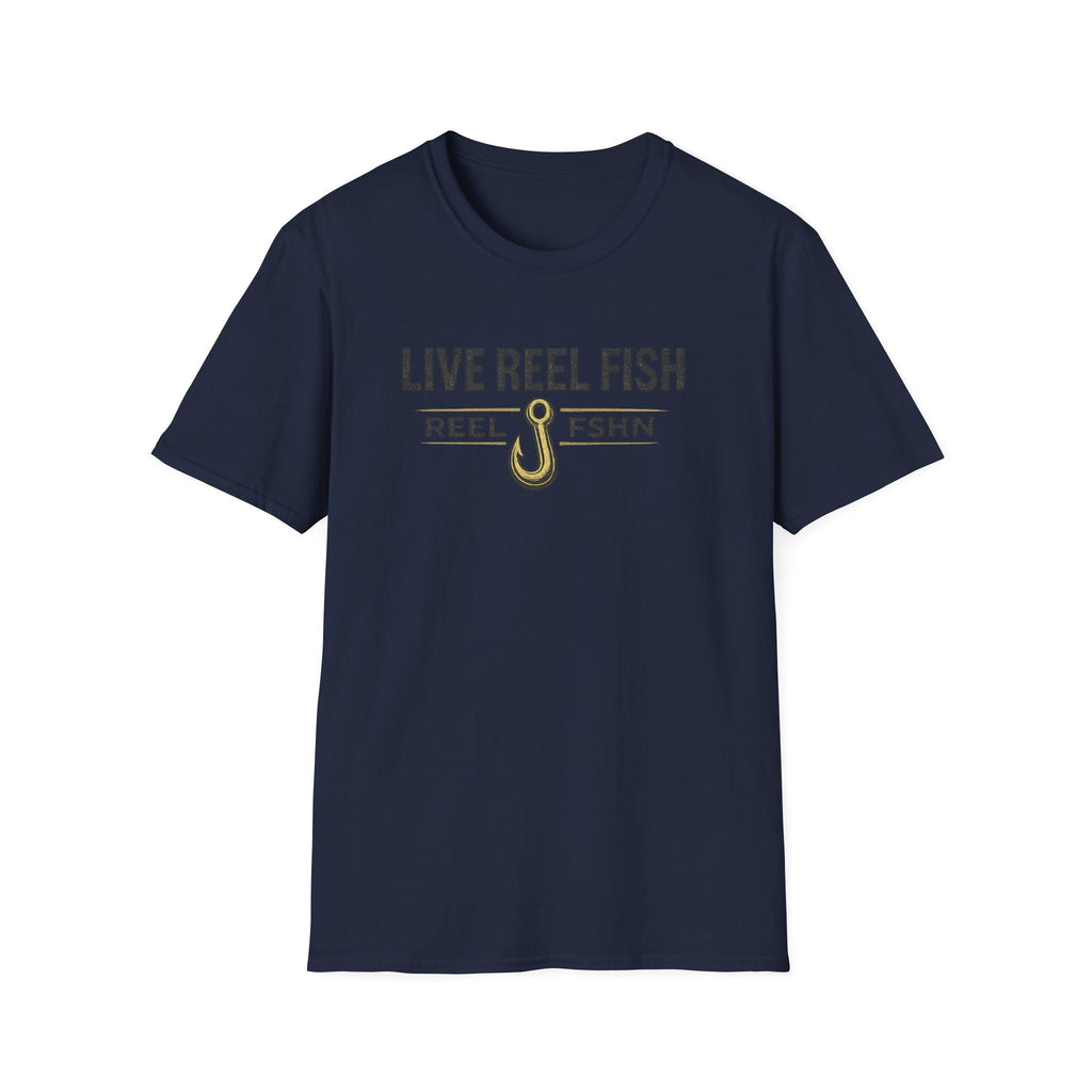 Navy blue Comfort Colors unisex t-shirt with "LIVE REEL FISH" and a gold fishing hook design.