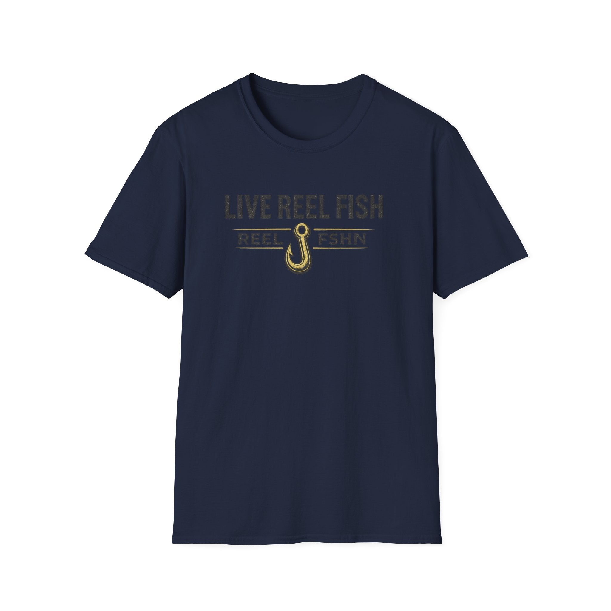 Navy blue Comfort Colors unisex t-shirt with "LIVE REEL FISH" and a gold fishing hook design.