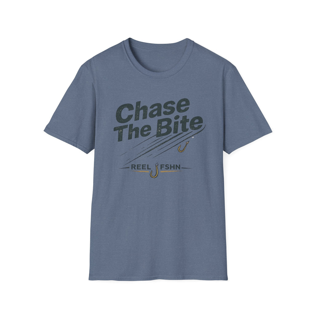 Comfort Colors blue unisex t-shirt with "Chase The Bite" text, fishing hooks, and "REEL FSHN" graphic.