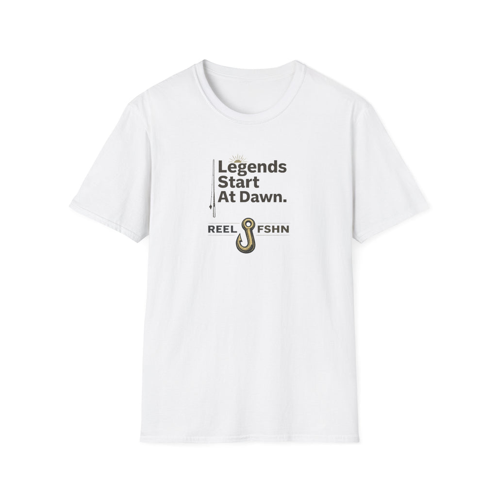White Comfort Colors unisex t-shirt with "Legends Start At Dawn." text and a fishing hook graphic.