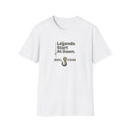 White Comfort Colors unisex t-shirt with "Legends Start At Dawn." text and a fishing hook graphic.