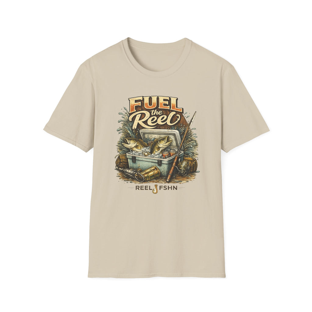Tan Comfort Colors cotton t-shirt with "Fuel the Reel" graphic featuring fish, tackle box, and fishing rod.