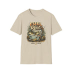Tan Comfort Colors cotton t-shirt with "Fuel the Reel" graphic featuring fish, tackle box, and fishing rod.