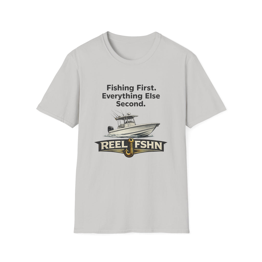 Light gray Comfort Colors cotton t-shirt with "Fishing First. Everything Else Second." text, a boat, and "REEL FSHN" logo.