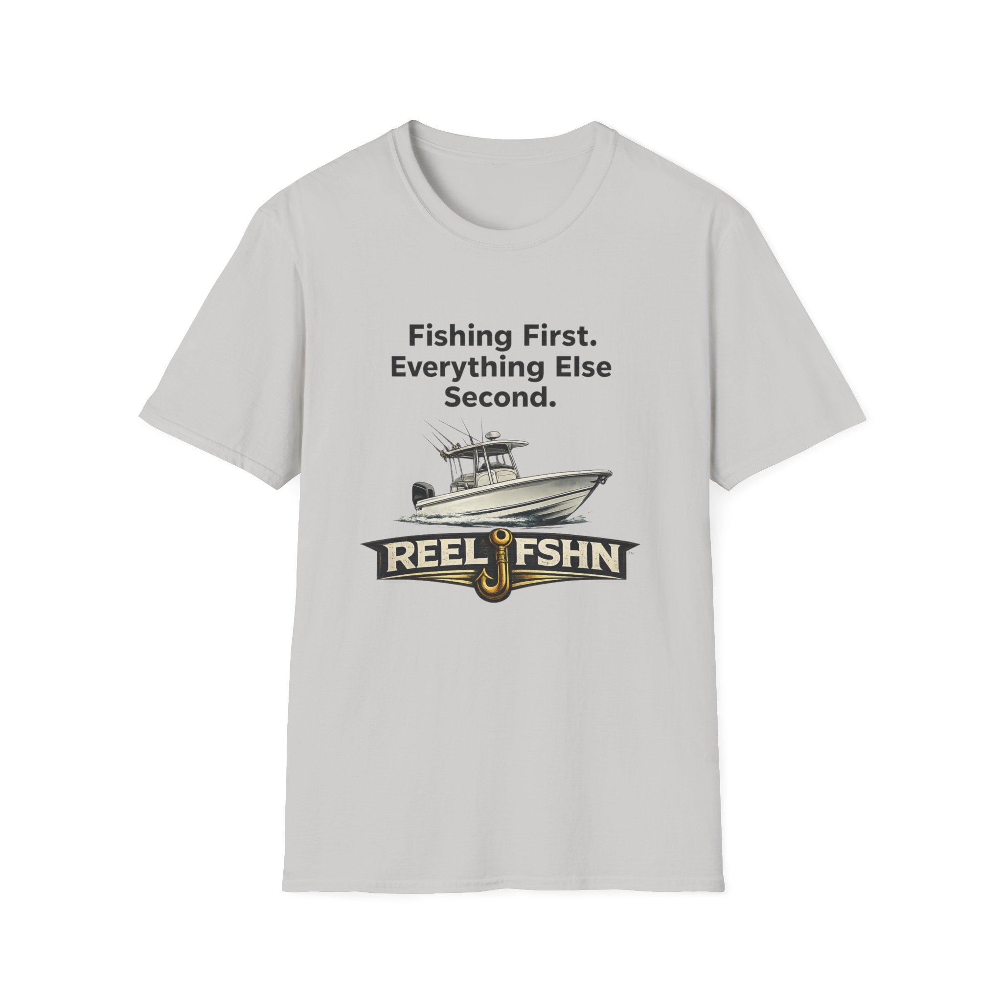 Light gray Comfort Colors cotton t-shirt with "Fishing First. Everything Else Second." text, a boat, and "REEL FSHN" logo.