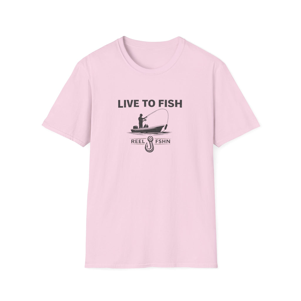 Pink Comfort Colors "Live To Fish" t-shirt with a fishing boat, angler, and hook graphic.