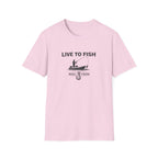 Pink Comfort Colors "Live To Fish" t-shirt with a fishing boat, angler, and hook graphic.