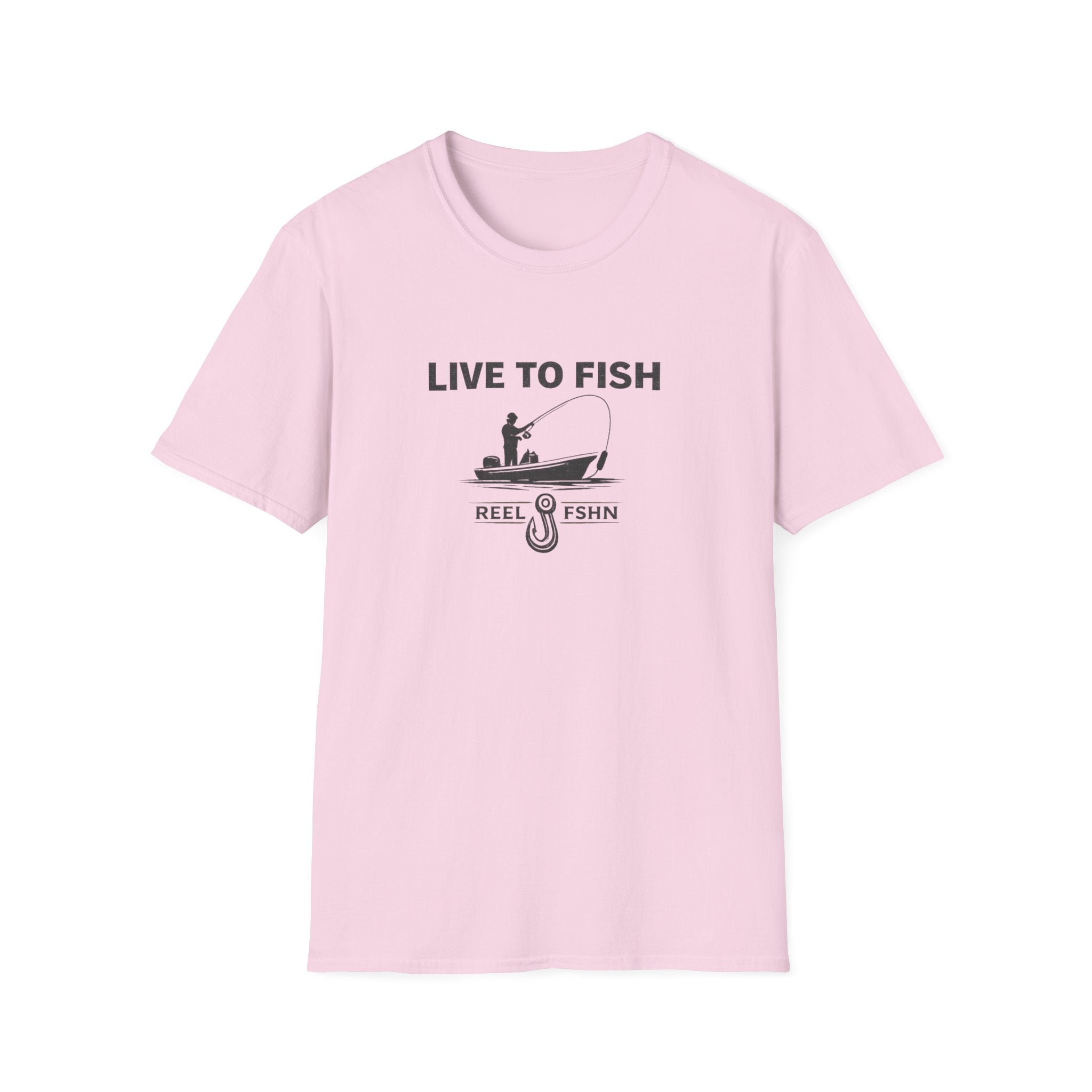 Pink Comfort Colors "Live To Fish" t-shirt with a fishing boat, angler, and hook graphic.