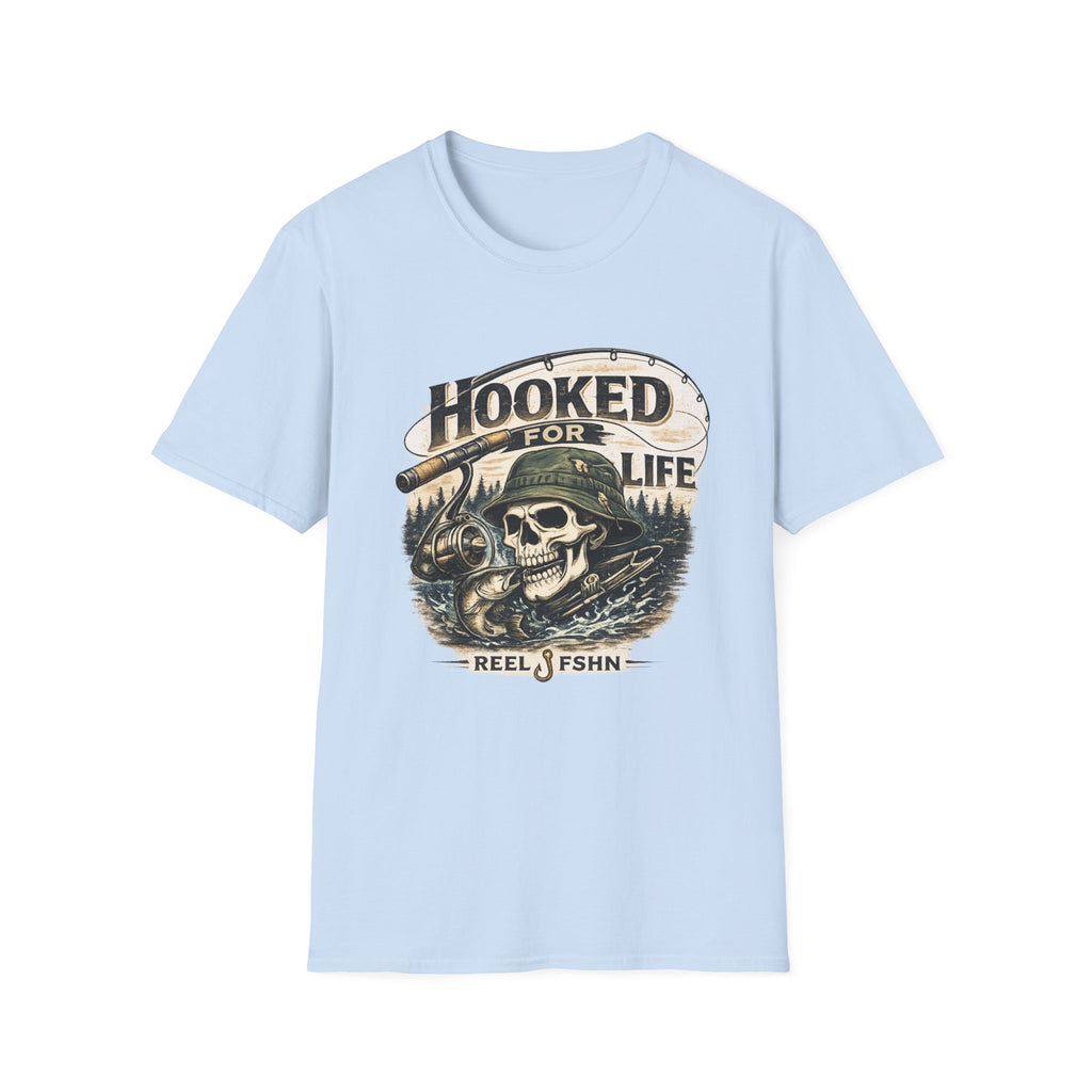 Light blue Comfort Colors unisex t-shirt with "Hooked For Life" text, a fishing skull, and a reel design.