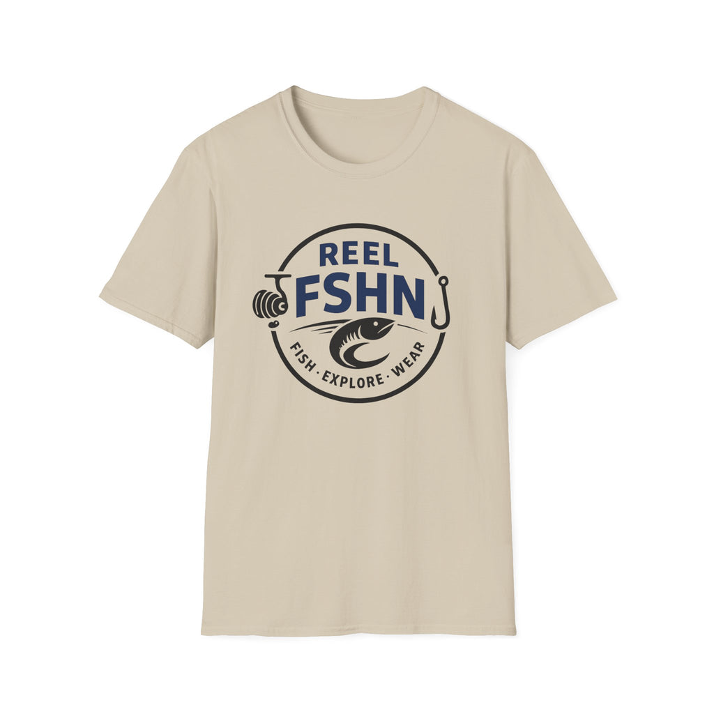 Reel FSHN T-Shirt in sand with a circular fishing logo featuring a reel, fish, and hook.