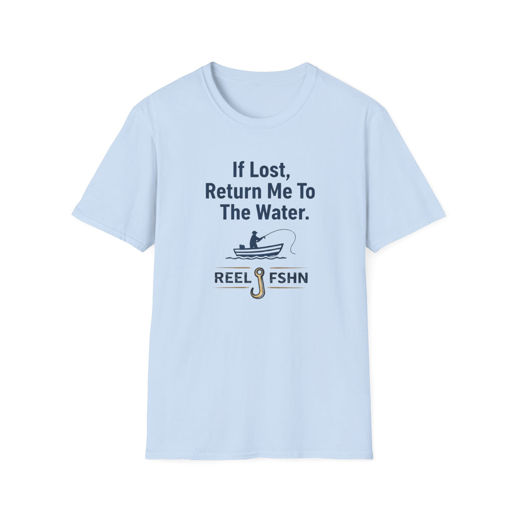 Light blue Comfort Colors cotton t-shirt with "If Lost, Return Me To The Water" text and a fishing graphic.