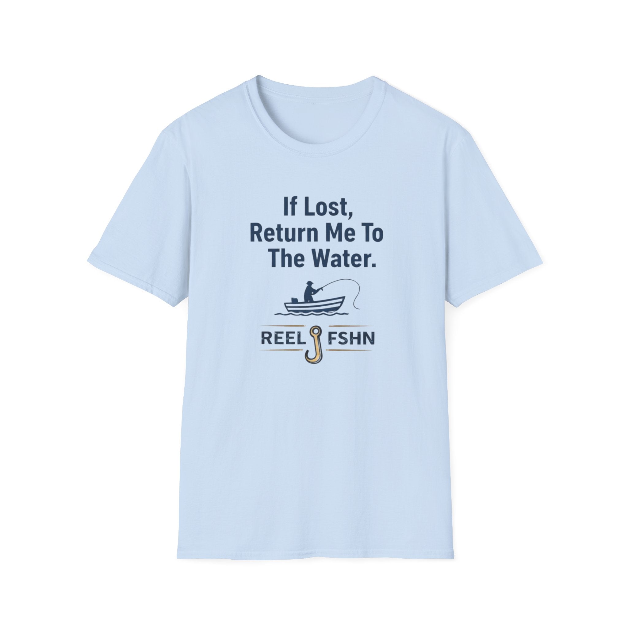 Light blue Comfort Colors cotton t-shirt with "If Lost, Return Me To The Water" text and a fishing graphic.