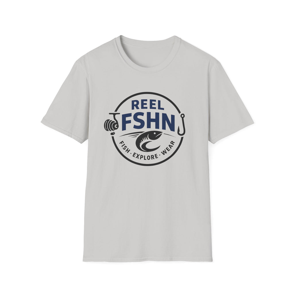 Light gray Comfort Colors unisex t-shirt with a dark blue "REEL FSHN" fishing logo.