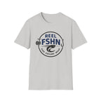 Light gray Comfort Colors unisex t-shirt with a dark blue "REEL FSHN" fishing logo.