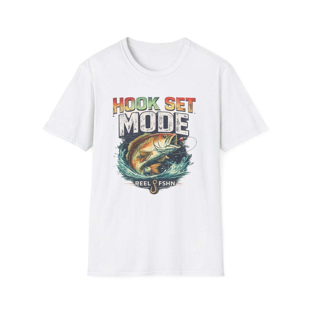 White Comfort Colors unisex t-shirt with "HOOK SET MODE" text and a bass fish design.