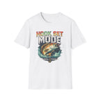 White Comfort Colors unisex t-shirt with "HOOK SET MODE" text and a bass fish design.