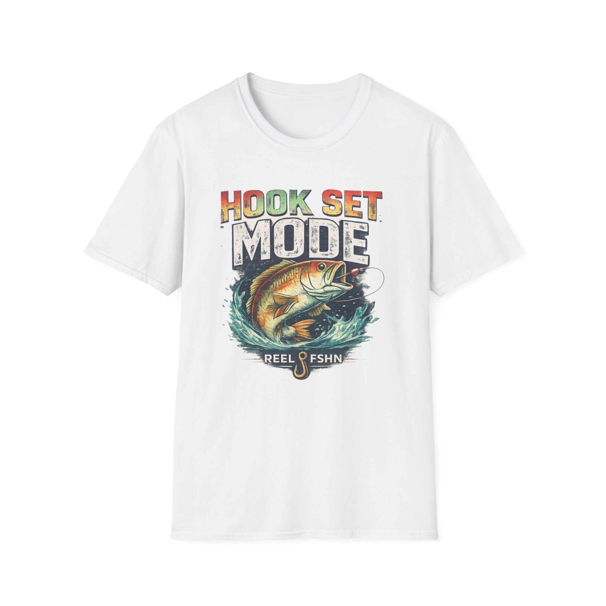 White Comfort Colors unisex t-shirt with "HOOK SET MODE" text and a bass fish design.
