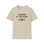 Comfort Colors beige unisex t-shirt with "FISHING IS THE PLAN" and "REEL FSHN" fishing hook graphic.