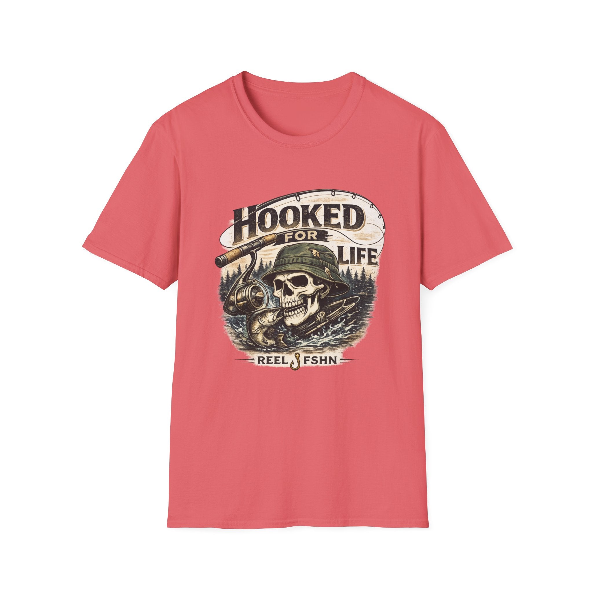 Coral Comfort Colors t-shirt with "Hooked For Life" graphic featuring a fishing skull wearing a bucket hat.